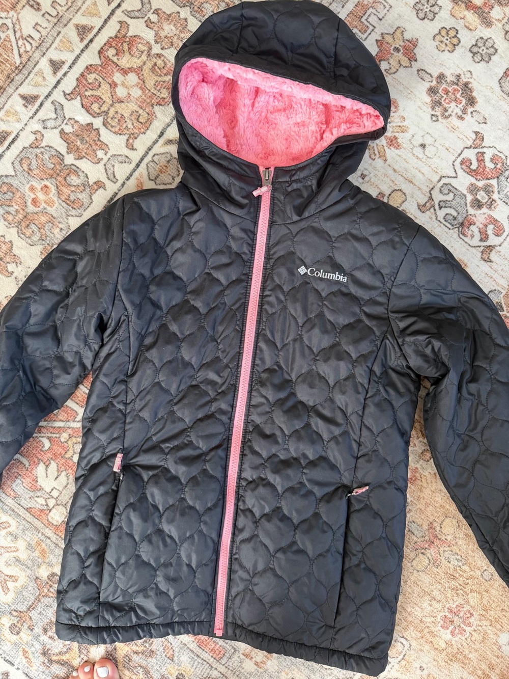 Columbia Black Quilted Jacket with Pink Faux-Fur Hood